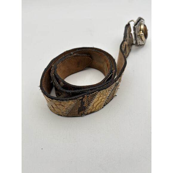 VTG Snakeskin Belt Mens Brown Hand Tooled Tiger Eye Western Buckle Fits 32” main image 14